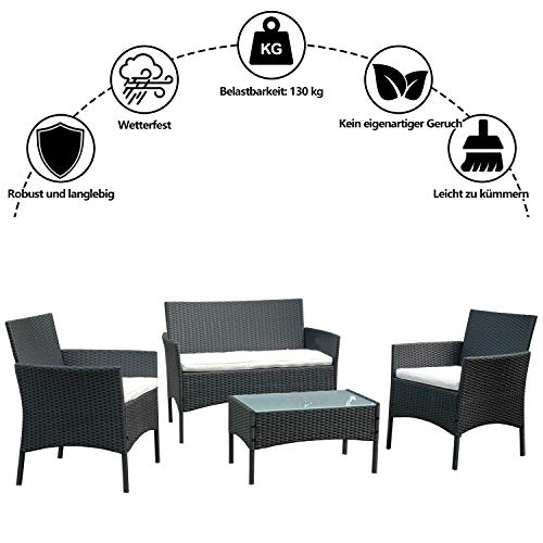 VINGO Balkon Möbel Set Poly Rattan Gartenmöbel inkl. 2er Sofa, Singlestühle, Tisch und Sitzkissen Hochwertige Sitzgruppe Schwarz für Garten Terrasse - 2
