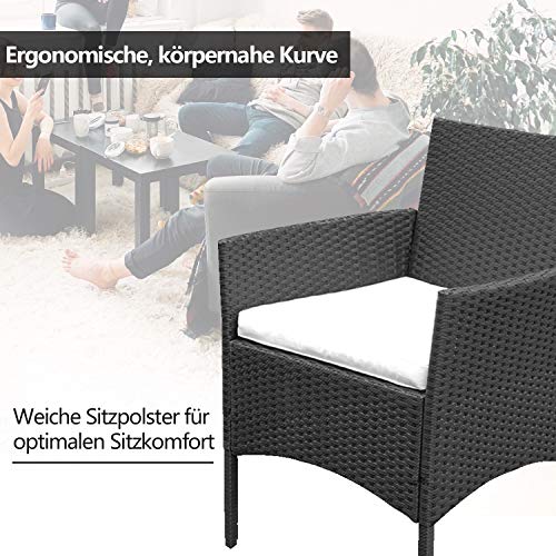 VINGO Balkon Möbel Set Poly Rattan Gartenmöbel inkl. 2er Sofa, Singlestühle, Tisch und Sitzkissen Hochwertige Sitzgruppe Schwarz für Garten Terrasse - 3