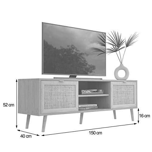 Newfurn TV Lowboard Sonoma Eiche Rattan Optik TV Schrank Modern Skandinavisch – 150x52x40 cm (BxHxT) – Fernsehtisch TV Board Rack Boho – [Mila.Eight] Wohnzimmer - 3