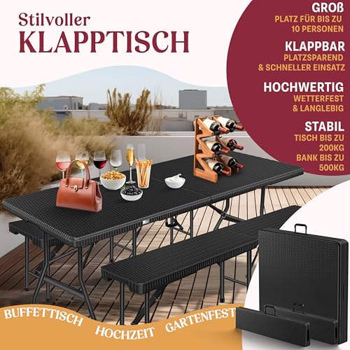 KESSER® Bierzeltgarnitur – 3-teilig Set, Tisch + 2 x Bank, für drinnen – draußen, klappbar, Tragegriffe, HxBxT: 73x180x75 cm, Kunststoff, Rattan-Look Gartengarnitur, Klapptisch, Gartentisch, Schwarz - 2