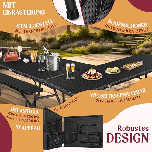 KESSER® Bierzeltgarnitur – 3-teilig Set, Tisch + 2 x Bank, für drinnen – draußen, klappbar, Tragegriffe, HxBxT: 73x180x75 cm, Kunststoff, Rattan-Look Gartengarnitur, Klapptisch, Gartentisch, Schwarz - 4