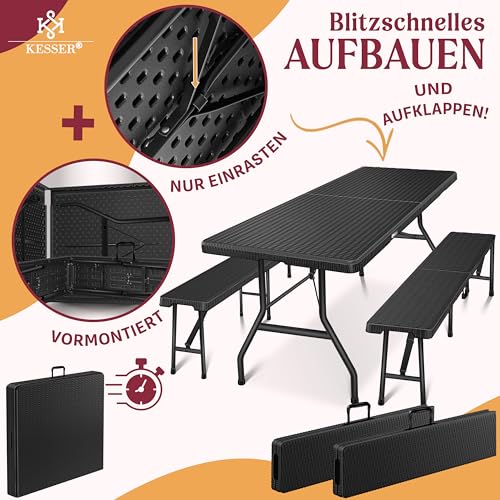 KESSER® Bierzeltgarnitur – 3-teilig Set, Tisch + 2 x Bank, für drinnen – draußen, klappbar, Tragegriffe, HxBxT: 73x180x75 cm, Kunststoff, Rattan-Look Gartengarnitur, Klapptisch, Gartentisch, Schwarz - 5
