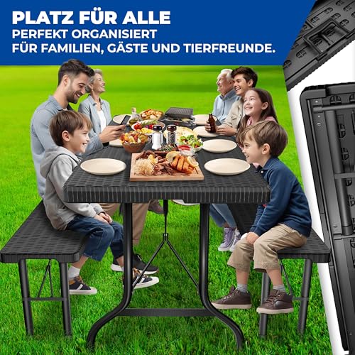 KESSER® Bierzeltgarnitur – 3-teilig Set, Tisch + 2 x Bank, für drinnen – draußen, klappbar, Tragegriffe, HxBxT: 73x180x75 cm, Kunststoff, Rattan-Look Gartengarnitur, Klapptisch, Gartentisch, Schwarz - 9