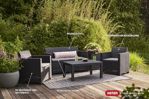 „Allibert by Keter“ Merano Gartenlounge Set aus Kunststoff, inkl. Sitzkissen, grau, 4-teilig, 2 Sessel, Sofa & Tisch, für Garten & Terrasse, flache Rattanoptik - 2