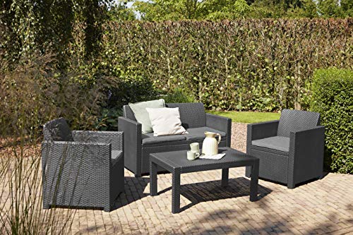 „Allibert by Keter“ Merano Gartenlounge Set aus Kunststoff, inkl. Sitzkissen, grau, 4-teilig, 2 Sessel, Sofa & Tisch, für Garten & Terrasse, flache Rattanoptik - 5