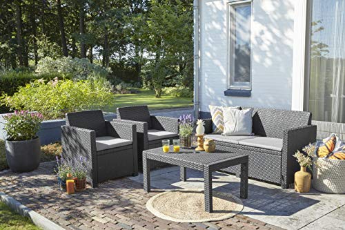 „Allibert by Keter“ Merano Gartenlounge Set aus Kunststoff, inkl. Sitzkissen, grau, 4-teilig, 2 Sessel, Sofa & Tisch, für Garten & Terrasse, flache Rattanoptik - 8