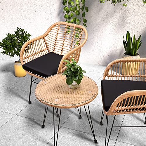 Casaria 3 TLG. Balkonset Beistelltisch 2 Lounge Sessel Indoor Outdoor Wetterfest Natur Poly Rattan-Look Sitzgruppe Garten Balkon Set - 3