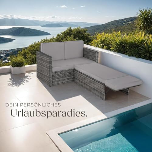 TecTake 800884 Poly Rattan Lounge Set, 2-Sitzer Sofa mit Rückenlehne, großer Hocker mit klappbarer Stütze, inkl. Dicke Auflagen, Gartenmöbel Set für Garten & Terrasse (Grau | Nr. 403884) - 2