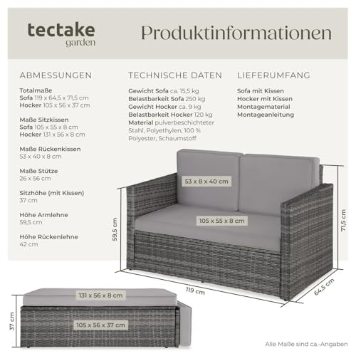 TecTake 800884 Poly Rattan Lounge Set, 2-Sitzer Sofa mit Rückenlehne, großer Hocker mit klappbarer Stütze, inkl. Dicke Auflagen, Gartenmöbel Set für Garten & Terrasse (Grau | Nr. 403884) - 2