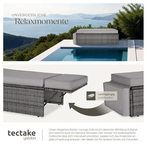 TecTake 800884 Poly Rattan Lounge Set, 2-Sitzer Sofa mit Rückenlehne, großer Hocker mit klappbarer Stütze, inkl. Dicke Auflagen, Gartenmöbel Set für Garten & Terrasse (Grau | Nr. 403884) - 6