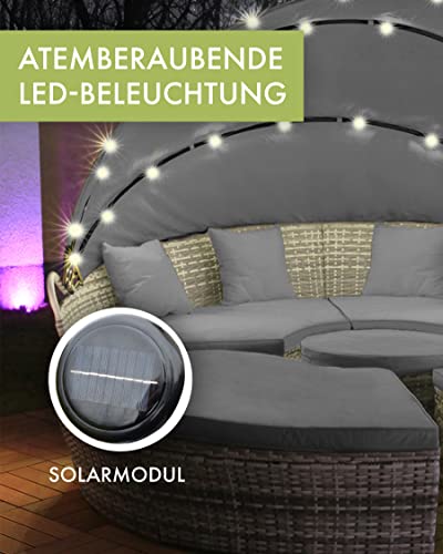 Swing & Harmonie Polyrattan Sonneninsel mit LED Beleuchtung + Solarmodul inklusive Abdeckcover Rattan Lounge Sunbed Liege Insel mit Regencover Sonnenliege Gartenliege (210cm, Grau) - 4