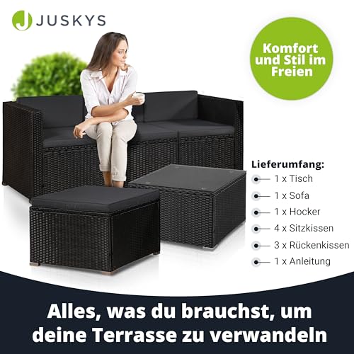 ArtLife Polyrattan Lounge Punta Cana M schwarz – Gartenlounge Set für 3-4 Personen – Gartenmöbel-Set mit Sofa, Tisch und Hocker – Sitzbezüge in Dunkelgrau - 4