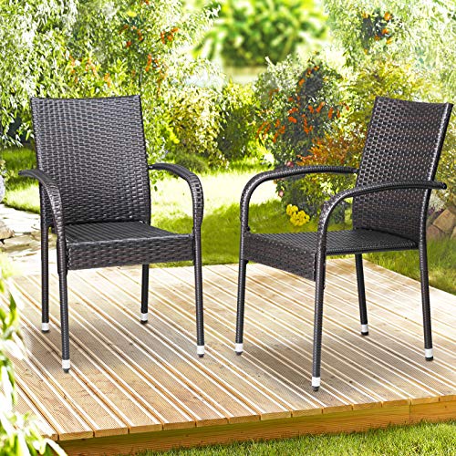 Casaria Poly Rattan 4er Set Gartenstuhl Stapelbar Hochlehner Armlehnen Wetterfest Stapelstuhl Gartensessel Garten – Braun - 2