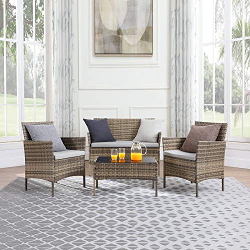 TMEE Rattan Gartenmöbel 4-teiliges Lounge-Set, Terrassenmöbel, Balkonmöbel, einschließlich 2 Sesseln, 1 Doppelsitzsofa und 1 Tisch in Schwarz, Mix Grey, Vintage Braun (Vintage Braun) - 2