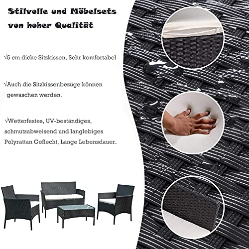 BMOT Gartenlounge Set, Balkonmöbel Set für 4 Personen, Schwarz, 7 TLG, mit Tisch, Sitzkissen waschbar, Kunststoff, Flache Rattanoptik, für Balkon oder Terrasse - 2