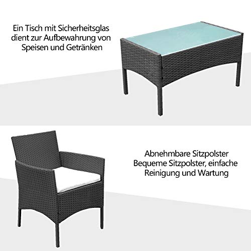 BMOT Gartenlounge Set, Balkonmöbel Set für 4 Personen, Schwarz, 7 TLG, mit Tisch, Sitzkissen waschbar, Kunststoff, Flache Rattanoptik, für Balkon oder Terrasse - 4