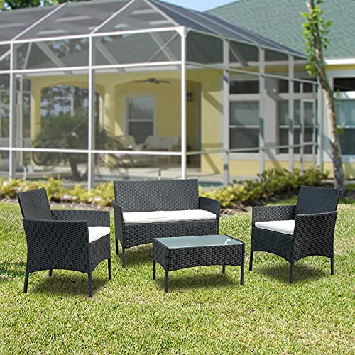 BMOT Gartenlounge Set, Balkonmöbel Set für 4 Personen, Schwarz, 7 TLG, mit Tisch, Sitzkissen waschbar, Kunststoff, Flache Rattanoptik, für Balkon oder Terrasse - 5