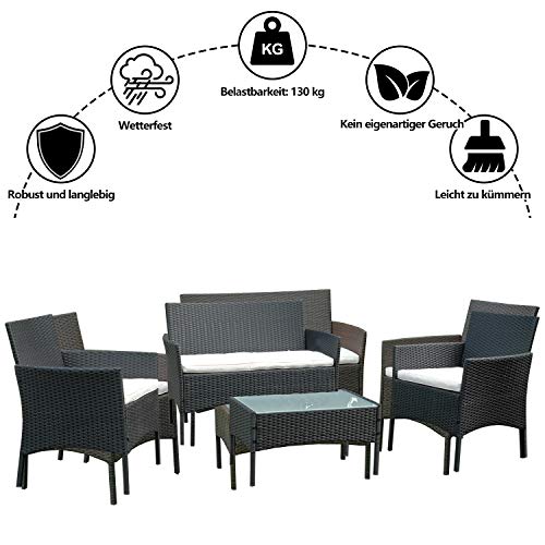 BMOT Gartenlounge Set, Balkonmöbel Set für 4 Personen, Schwarz, 7 TLG, mit Tisch, Sitzkissen waschbar, Kunststoff, Flache Rattanoptik, für Balkon oder Terrasse - 7