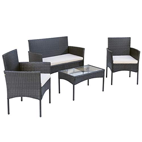 Merax Polyrattan Rattan Gartenmöbel Set Balkonmöbel Sitzgruppe Garten Lounge Set Outdoor Essgruppe Gartenlounge – Mit 2-er Sofa, Singlestühle, Tisch und Weiß Sitzkissen - 2