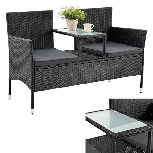 ArtLife Polyrattan Gartenbank Monaco schwarz - 2-Sitzer Bank mit integriertem Tisch & Kissen in Grau - 133 × 63 × 84 cm - Sitzbank wetterfest
