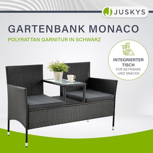 ArtLife Polyrattan Gartenbank Monaco schwarz – 2-Sitzer Bank mit integriertem Tisch & Kissen in Grau – 133 × 63 × 84 cm – Sitzbank wetterfest - 2