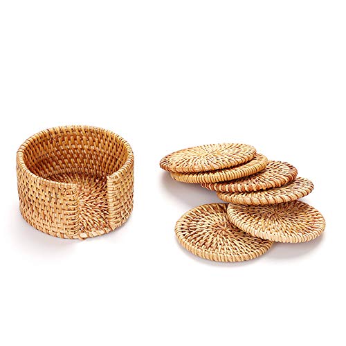 Mopoin Glasuntersetzer, Rattan Untersetzer Handgefertigt Geflochtene Rund Getränkeuntersetzer Holz für Tee, Kaffee, Getränke, Teekanne (10cm) 6 Stück - 3