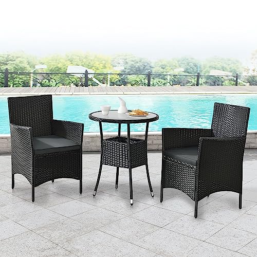 ArtLife Polyrattan Balkon Set Bayamo 2 Personen – Tisch mit Glasplatte & 2 Stühlen – Wetterfeste Balkonmöbel – Auflagen waschbar – schwarz – grau - 2