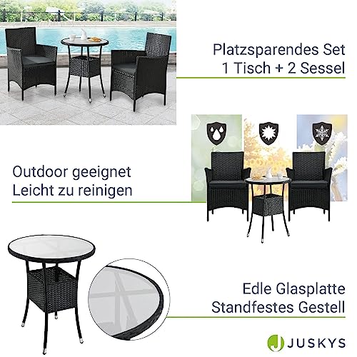 ArtLife Polyrattan Balkon Set Bayamo 2 Personen – Tisch mit Glasplatte & 2 Stühlen – Wetterfeste Balkonmöbel – Auflagen waschbar – schwarz – grau - 4