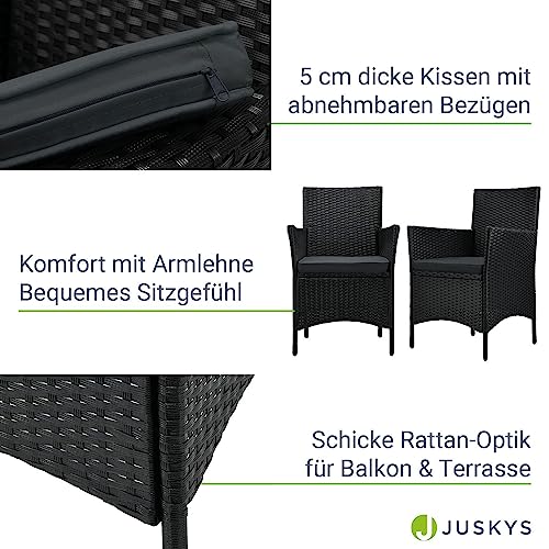 ArtLife Polyrattan Balkon Set Bayamo 2 Personen – Tisch mit Glasplatte & 2 Stühlen – Wetterfeste Balkonmöbel – Auflagen waschbar – schwarz – grau - 5