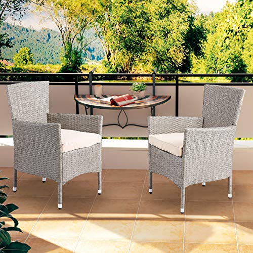 Casaria 2er Set Poly Rattan Gartenstuhl mit Auflage Stapelbar Wetterfest 160 kg Belastbar Stapelstuhl Garten – Beige Grau - 2