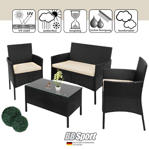 BB Sport 7-teilige Polyrattan Sitzgruppe für 4 Personen inkl. Sitzpolster und Tisch Balkonmöbel Set Sitzgarnitur, Farbe:Titan-Schwarz/Sandstrand - 6
