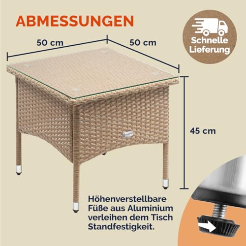 Casaria Poly Rattan Beistelltisch Balkontisch Gartentisch 50x50x45 cm Glasplatte Wetterfest Kaffeetisch Teetisch Garten – Grau Creme - 2