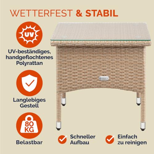 Casaria Poly Rattan Beistelltisch Balkontisch Gartentisch 50x50x45 cm Glasplatte Wetterfest Kaffeetisch Teetisch Garten – Grau Creme - 4