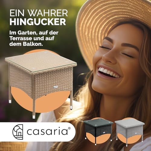 Casaria Poly Rattan Beistelltisch Balkontisch Gartentisch 50x50x45 cm Glasplatte Wetterfest Kaffeetisch Teetisch Garten – Grau Creme - 7