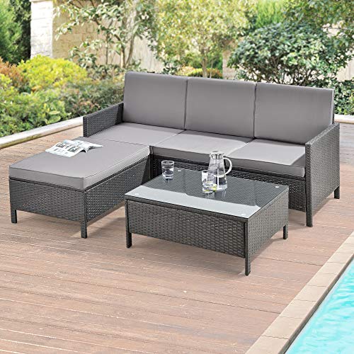[en.casa] Gartenmöbelset Rattan 3-TLG. Rattan-Möbel Sitzgruppe Gartenlounge Loungeset Polyrattan Dunkel-/Hellgrau - 7