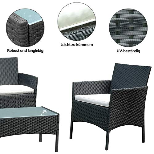wolketon Gartenmöbel Set Poly Rattan Balkonmöbel Sitzgruppe Schwarz Langlebig Lounge Set Mit 2-er Sofa, Singlestühle, Tisch und Sitzkissen - 3