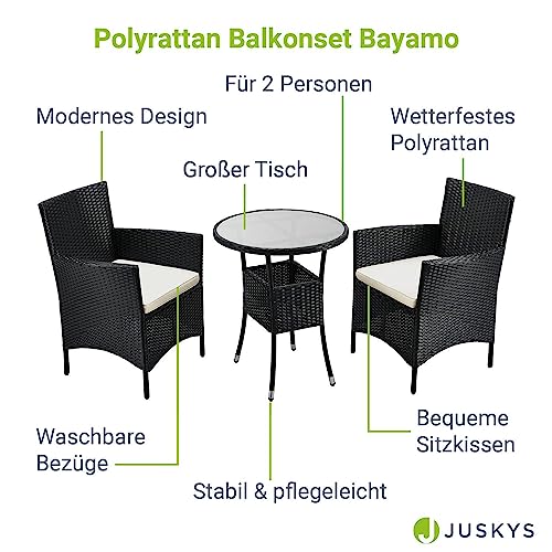 ArtLife Polyrattan Balkon Set Bayamo 2 Personen – Tisch mit Glasplatte & 2 Stühlen – Wetterfeste Balkonmöbel – Auflagen waschbar – schwarz – Creme - 3