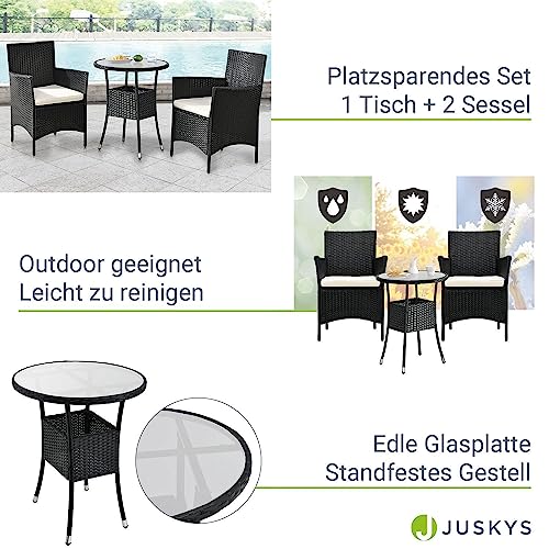 ArtLife Polyrattan Balkon Set Bayamo 2 Personen – Tisch mit Glasplatte & 2 Stühlen – Wetterfeste Balkonmöbel – Auflagen waschbar – schwarz – Creme - 4