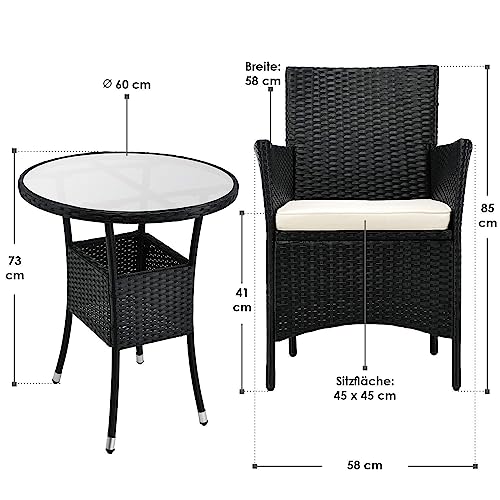 ArtLife Polyrattan Balkon Set Bayamo 2 Personen – Tisch mit Glasplatte & 2 Stühlen – Wetterfeste Balkonmöbel – Auflagen waschbar – schwarz – Creme - 7