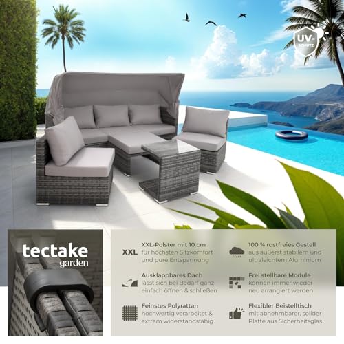 TecTake 800771 Aluminium Poly Rattan Lounge Set, 16-teilig, wetterfest, Garten Sofa mit Sonnendach, Outdoor Sitzgruppe inkl. Kissen und Beistelltisch – Diverse Farben – (Grau | Nr. 403237) - 2