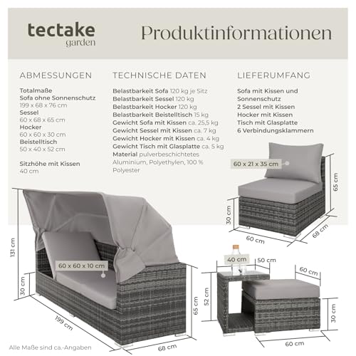 TecTake 800771 Aluminium Poly Rattan Lounge Set, 16-teilig, wetterfest, Garten Sofa mit Sonnendach, Outdoor Sitzgruppe inkl. Kissen und Beistelltisch – Diverse Farben – (Grau | Nr. 403237) - 6