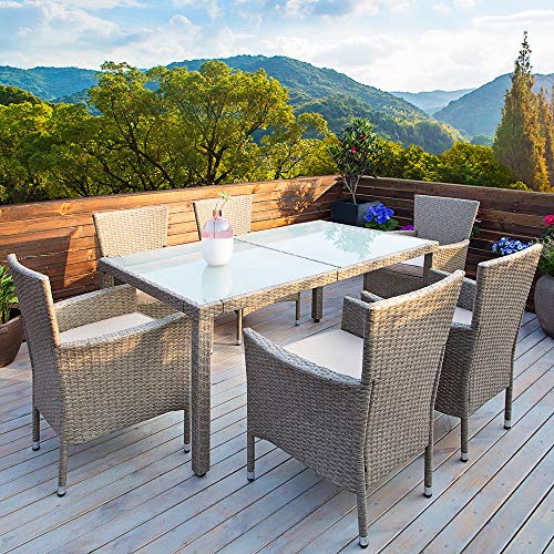 Deuba Poly Rattan Sitzgruppe Grau Beige 6 Stapelbare Stühle 1 Tisch 7cm Dicke Auflagen Sitzgarnitur Gartenmöbel Garten - 2