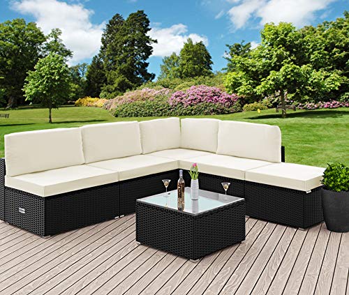 Casaria Poly Rattan XL Lounge Set inkl. 7cm Auflagen und 15cm dicken Kissen Tisch mit Glasplatte frei stellbare Elemente Gartenmöbel Sitzgruppe Schwarz Creme - 2