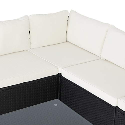 Casaria Poly Rattan XL Lounge Set inkl. 7cm Auflagen und 15cm dicken Kissen Tisch mit Glasplatte frei stellbare Elemente Gartenmöbel Sitzgruppe Schwarz Creme - 3