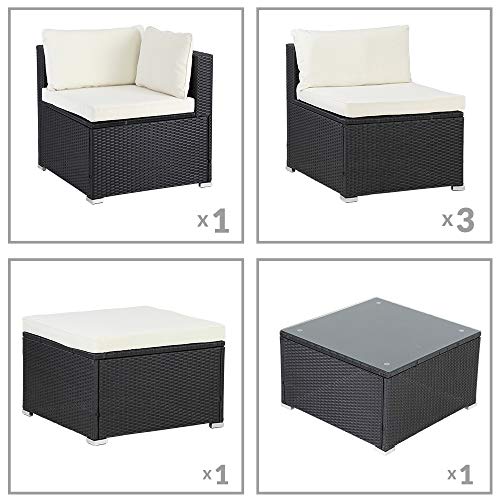 Casaria Poly Rattan XL Lounge Set inkl. 7cm Auflagen und 15cm dicken Kissen Tisch mit Glasplatte frei stellbare Elemente Gartenmöbel Sitzgruppe Schwarz Creme - 7