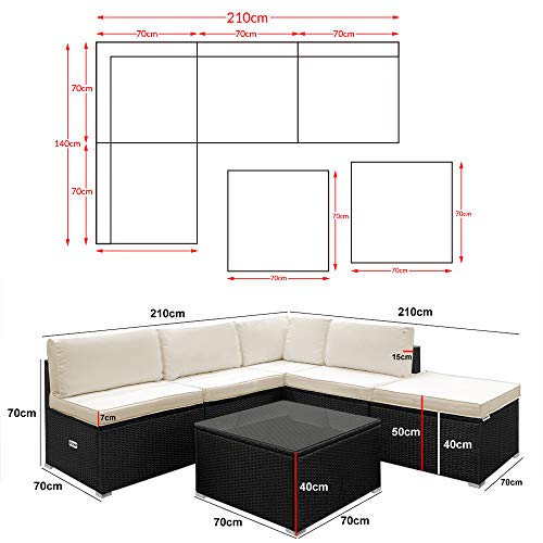 Casaria Poly Rattan XL Lounge Set inkl. 7cm Auflagen und 15cm dicken Kissen Tisch mit Glasplatte frei stellbare Elemente Gartenmöbel Sitzgruppe Schwarz Creme - 8