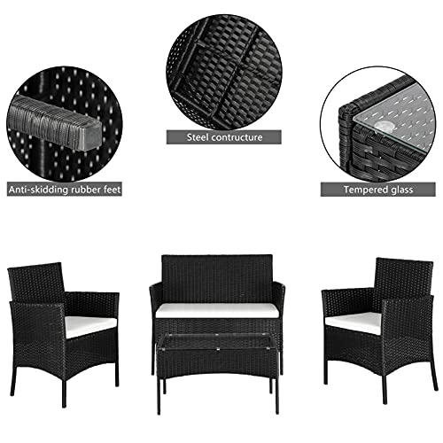 Gartenlounge Set, Rattan Sitzgruppe für 4 Personen Balkonmöbel Set mit Sitzkissen, Gartenmöbel-Set mit 2 Stück Einzelsofa, 1 Stück Doppelsofa und 1 Stück Tisch, Möbelsets für Hinterhof Nachmittagstee - 3