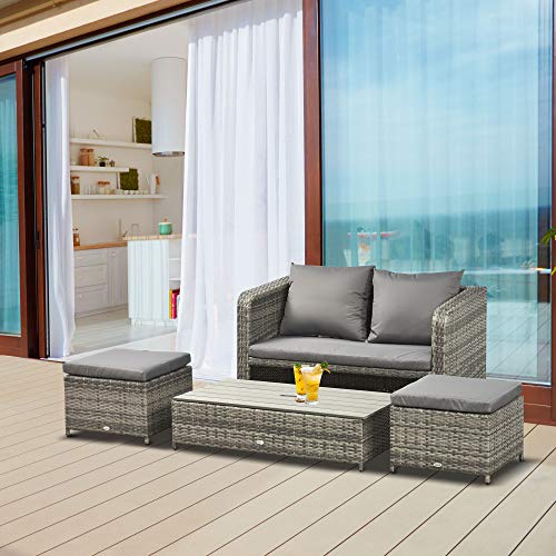 Outsunny Polyrattan Sitzgarnitur 4 TLG. Sitzgruppe Gartenset Doppelsofa mit Hocker Tisch Sofagarnitur Gartenmöbel Set Lounge Grau - 2