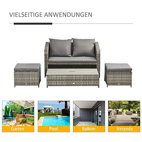 Outsunny Polyrattan Sitzgarnitur 4 TLG. Sitzgruppe Gartenset Doppelsofa mit Hocker Tisch Sofagarnitur Gartenmöbel Set Lounge Grau - 5