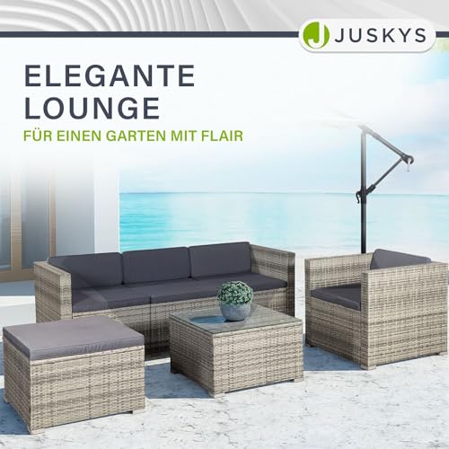 ArtLife Polyrattan Lounge Punta Cana L grau-meliert – Gartenlounge für 4-5 Personen – Gartenmöbel-Set mit Sessel, Sofa, Tisch, Hocker – Bezüge Dunkelgrau - 4